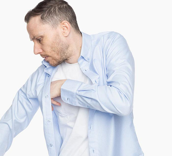 Blue herringbone dress shirt with a glossy finish