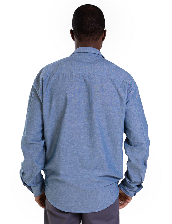 100% Cotton Blue Button-Up Shirt back center
