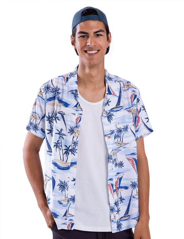 White and Blue Beachside Resort Shirt front