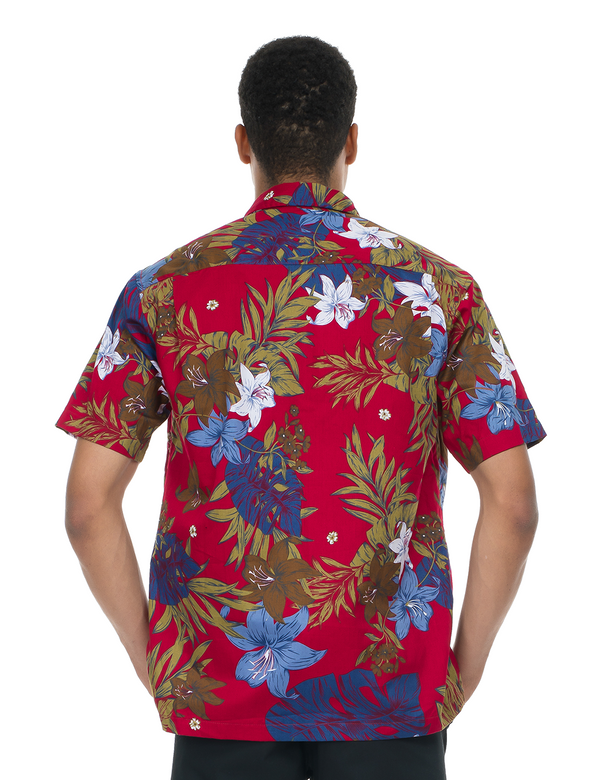Red floral resort shirt back