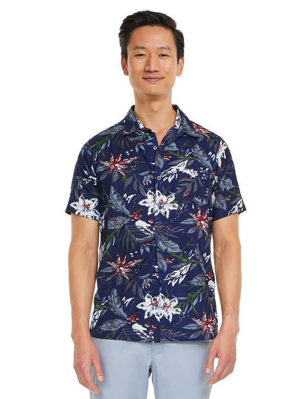 Dark blue floral resort shirt front