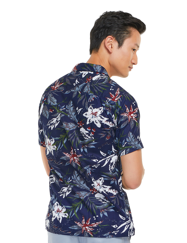 Dark blue floral resort shirt back