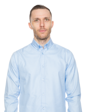 Blue Herringbone Dress Shirt front center close up